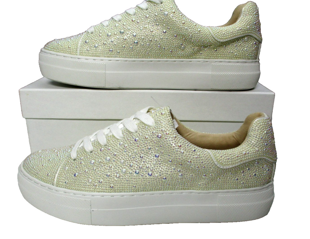Betsy Johnson Sidny Sneakers Platform Pearl White Rhinestone Shoes Womens Sz 9.5